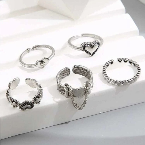 Silver 4/$25 5pc Heart Chain Ring Set - Picture 2 of 2